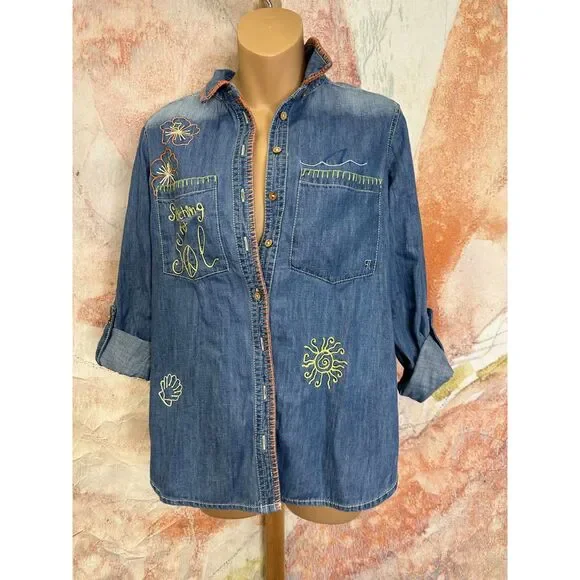 Anthropologie Pilcro Long-Sleeve Embroidered Icon Denim Buttondown Shirt - Picture 6 of 9